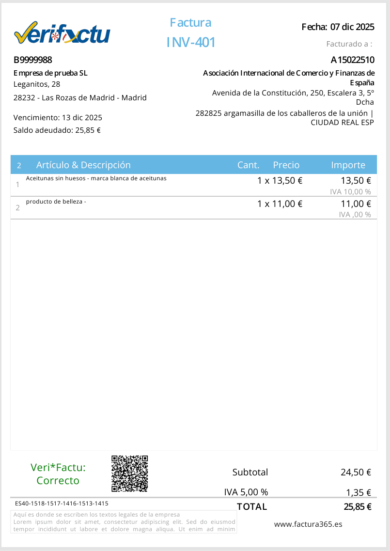 Factura PDF con código QR VeriFactu: Correcto