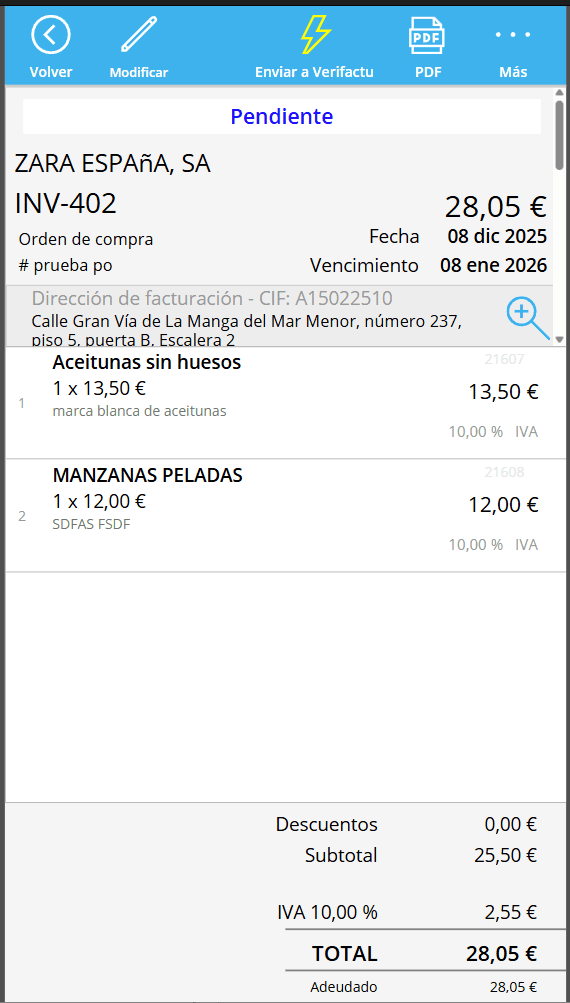 Detalle de factura con botón Enviar a Verifactu